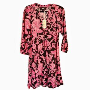Johnny Was Tassel Dress Alycia Black  Pink Boho Mini Dress Slipover Sz 6 NWT
